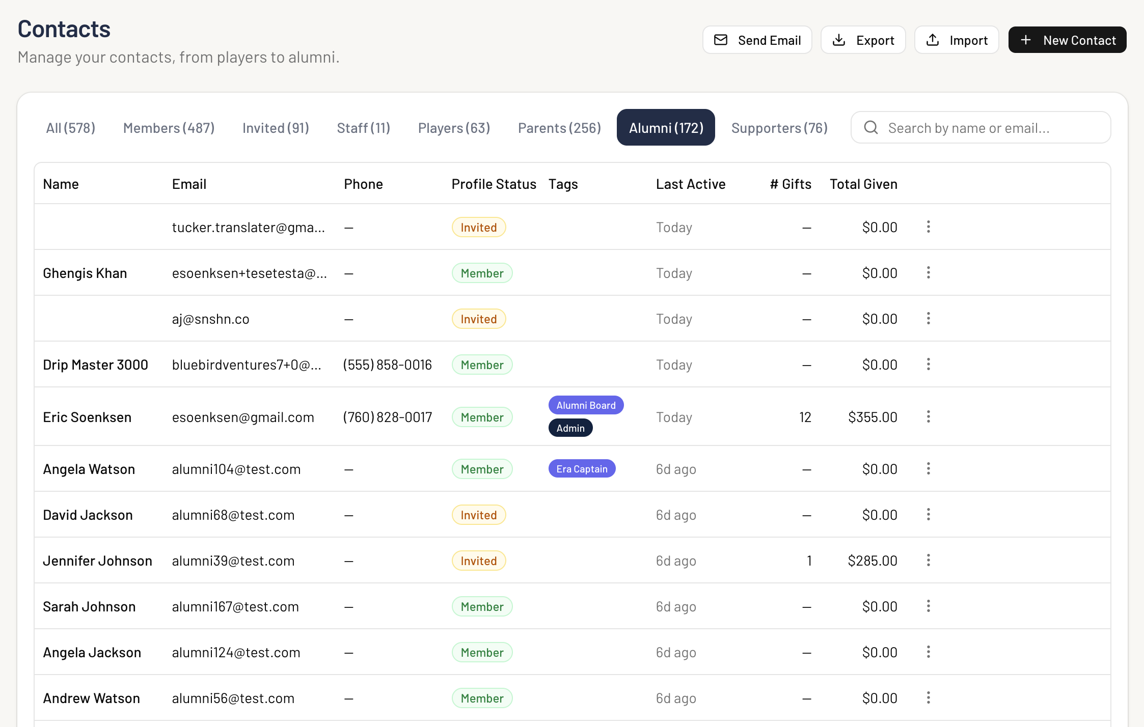 Fieldraiser contacts table: 578 members with role filters, tags, email, and total given