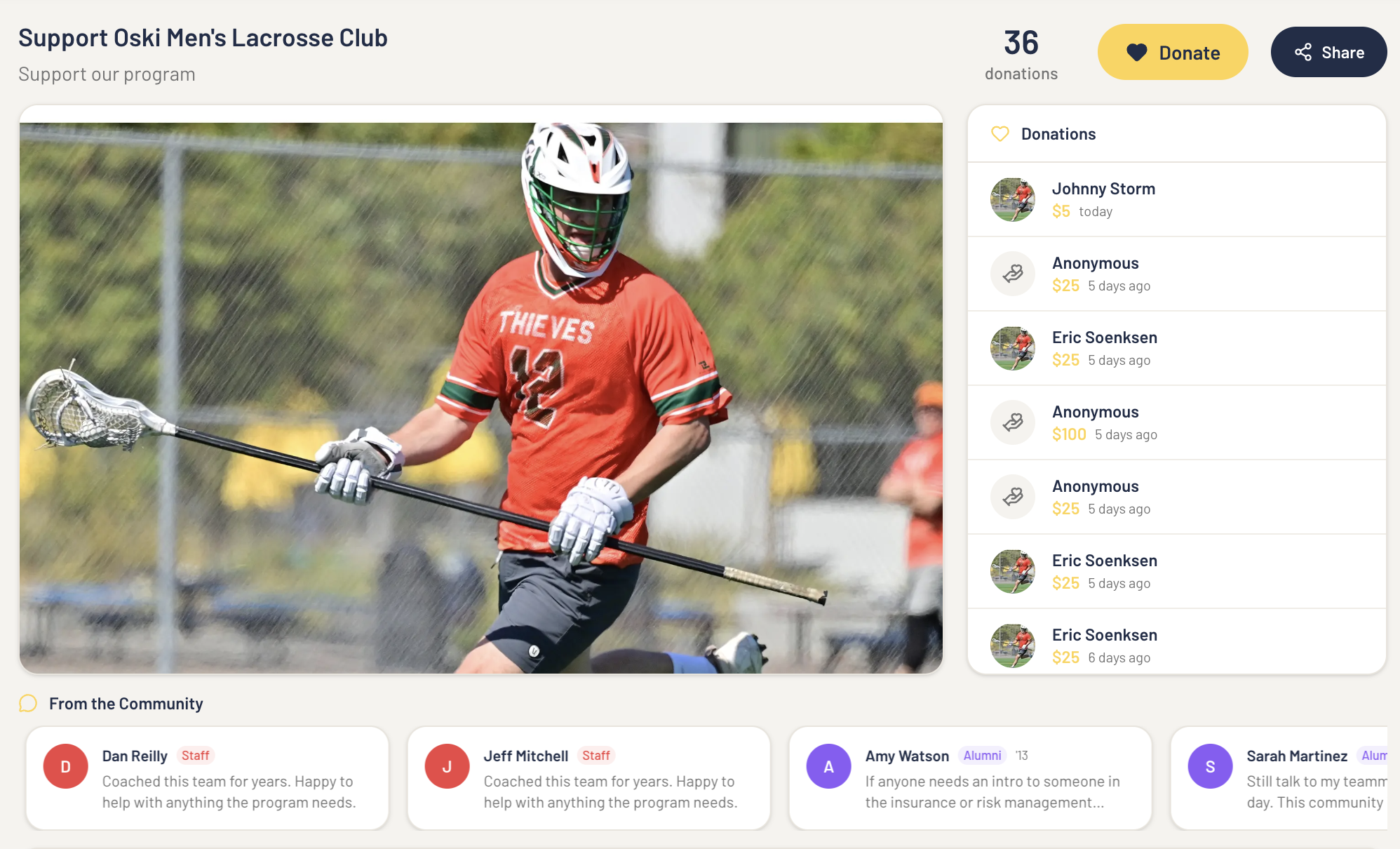 Fieldraiser donation page: Support Oski Men's Lacrosse Club, 36 donations, live contribution feed, messages from the community