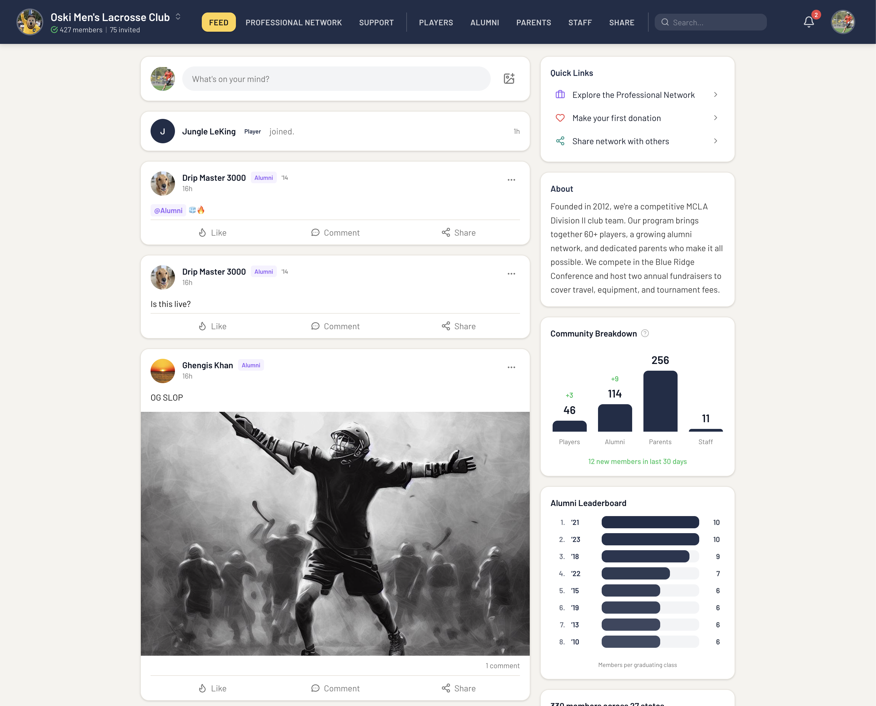 Fieldraiser Feed: posts from players and alumni, Quick Links, About, Community Breakdown, Alumni Leaderboard