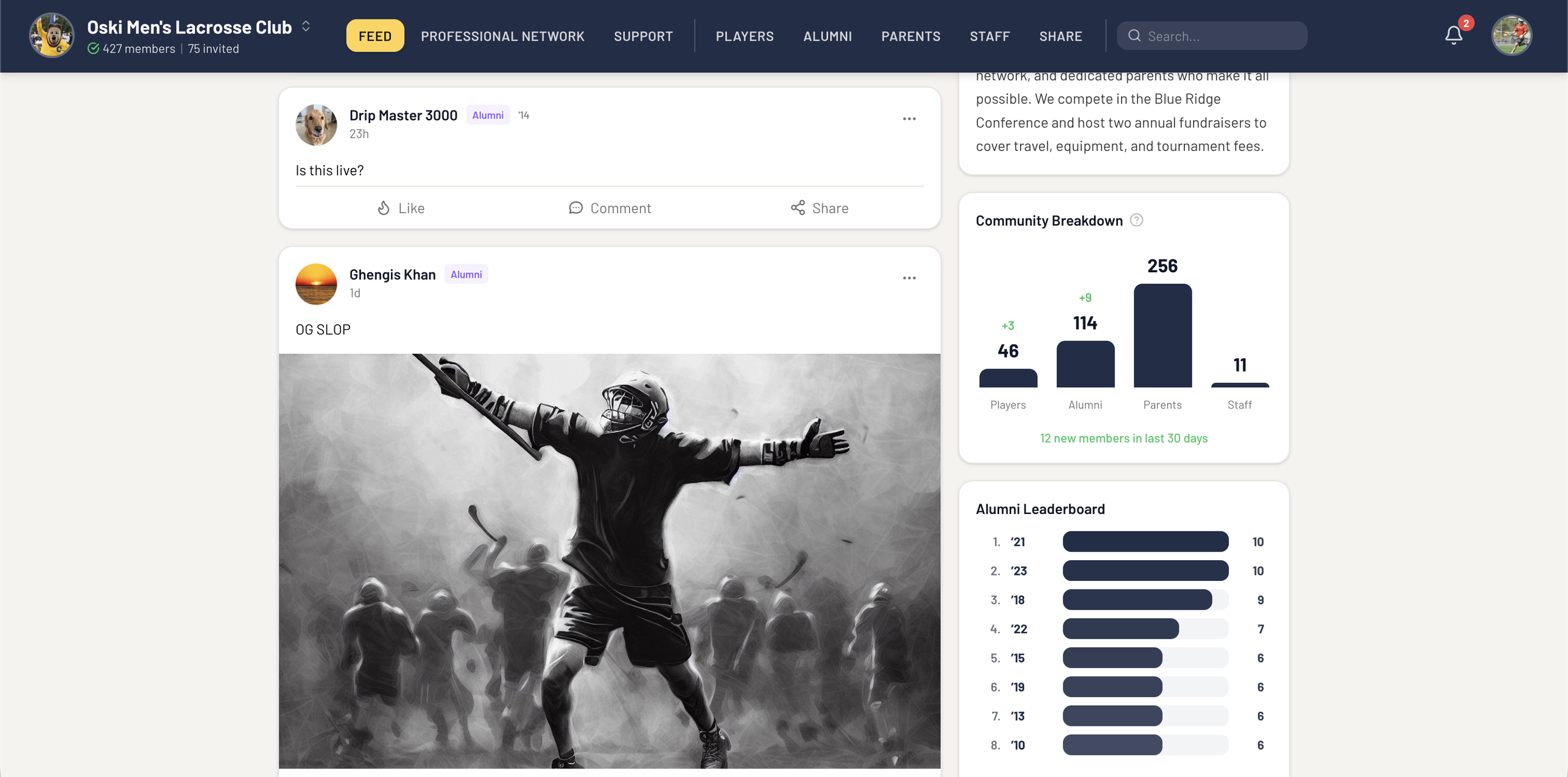 Community feed with posts, quick links, and leaderboards