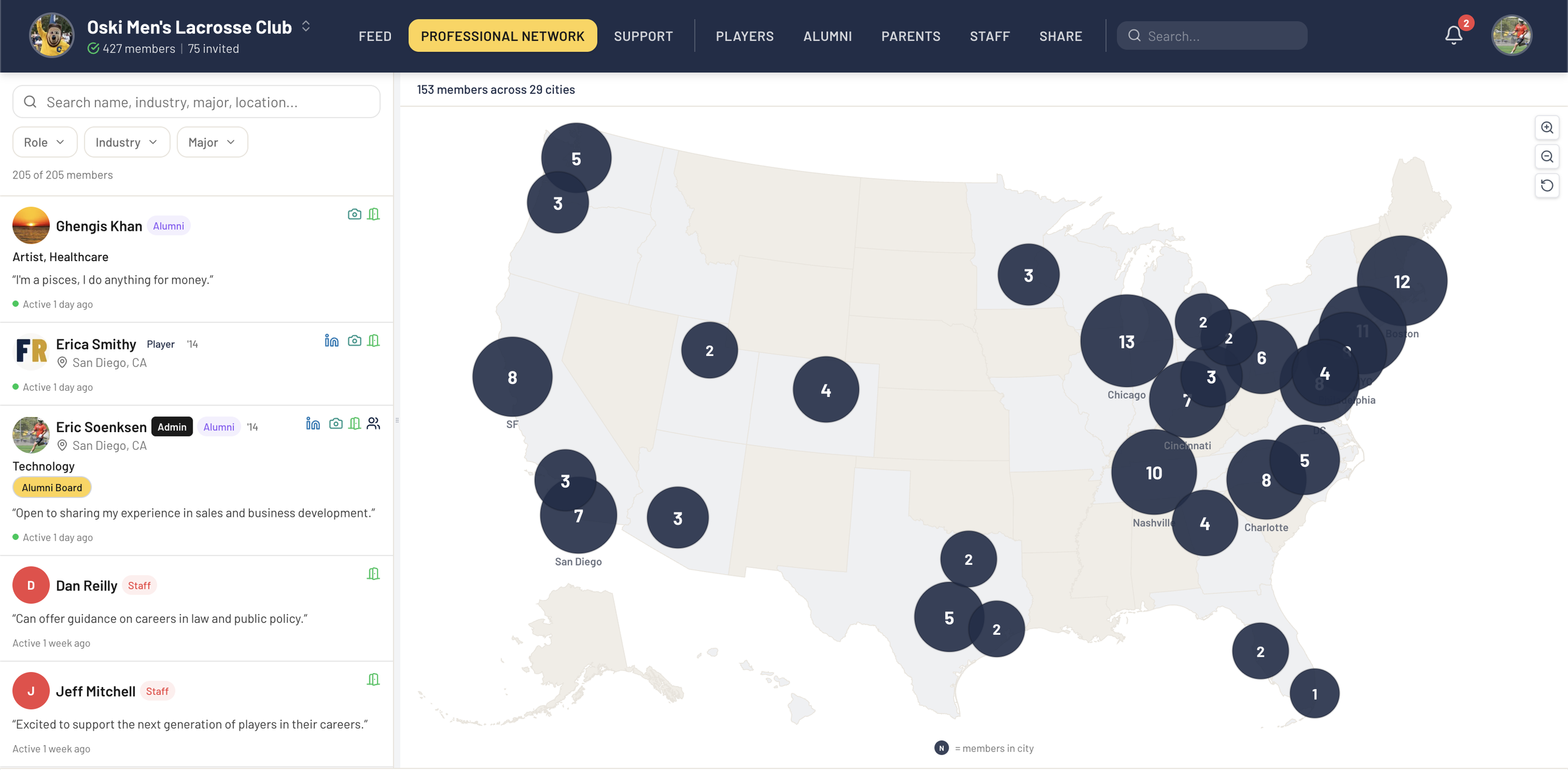 Professional network map with alumni across 29 cities