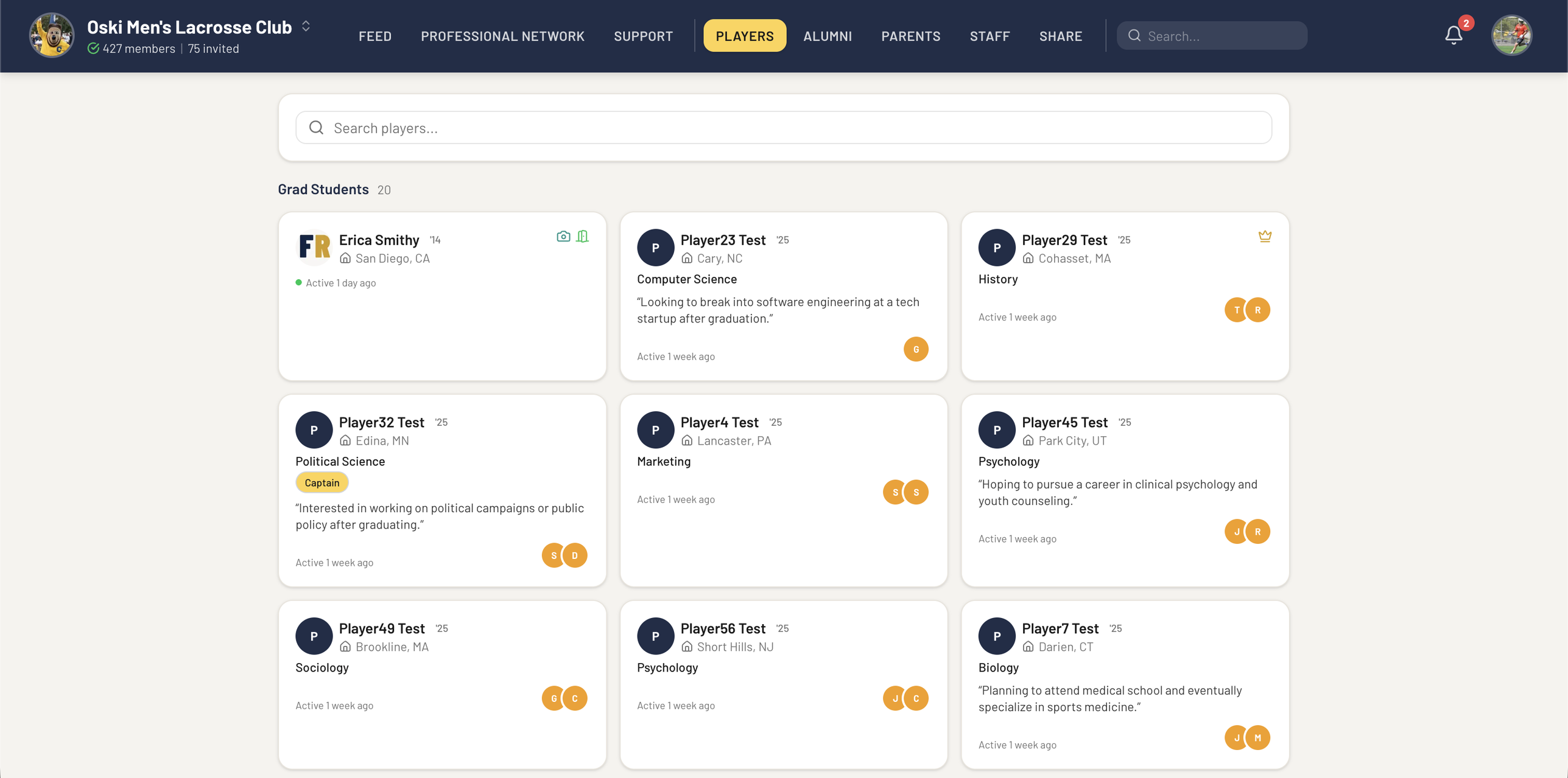 Player directory with profiles, majors, and captains