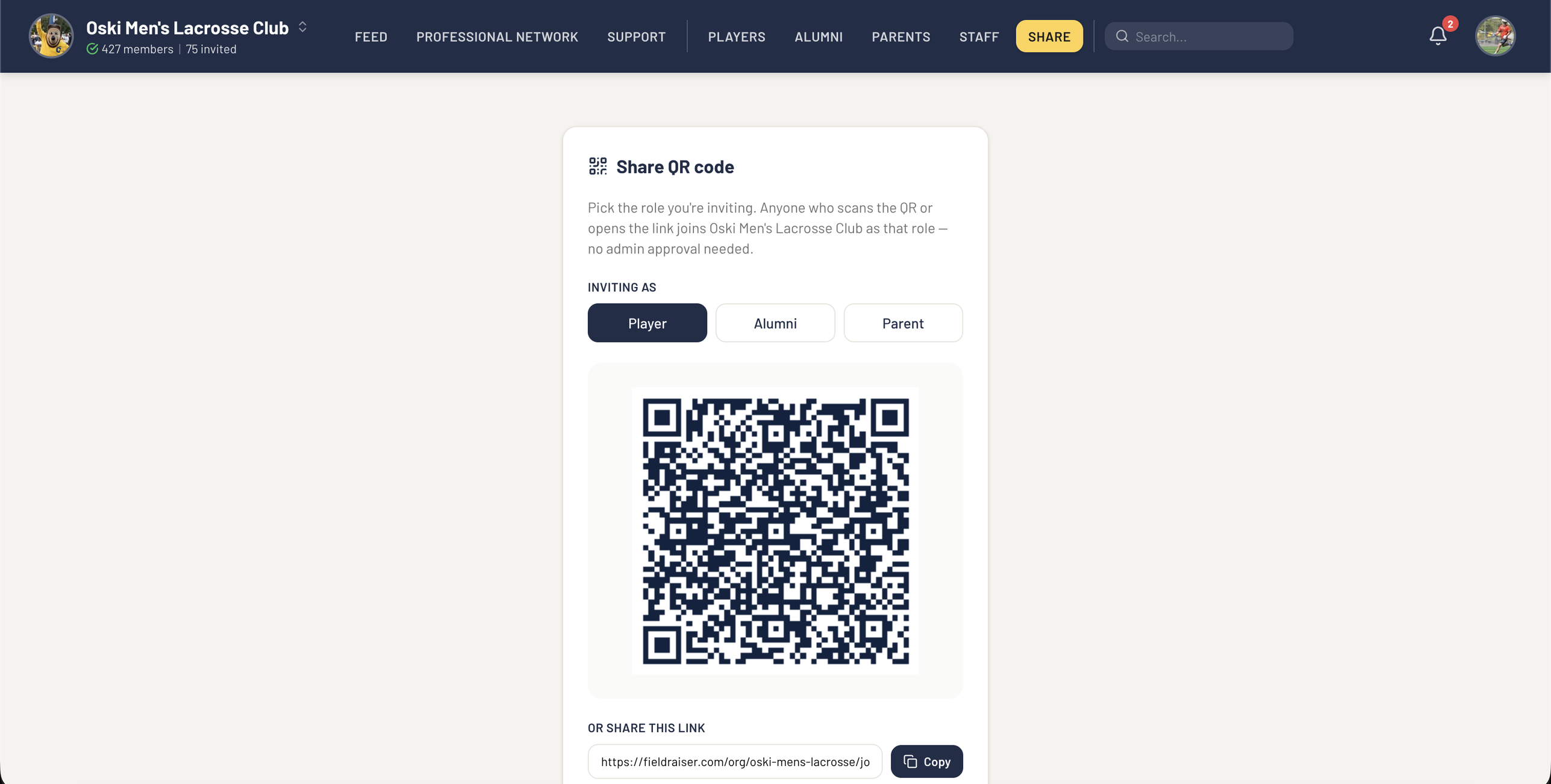 Share QR code for instant in-person invites by role
